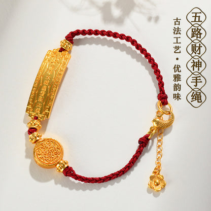 Golden Tai Sui Five Directions Wealth God Woven Bracelet - Tibetan Style Red Rope for Prosperity