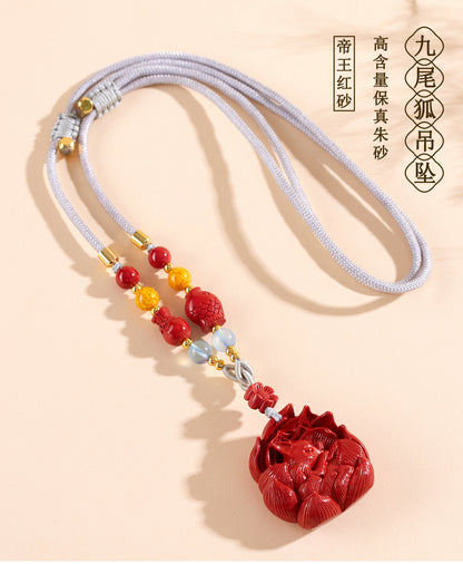 Imperial Red Cinnabar Nine-Tailed Fox Pendant Necklace - Chinese Mystique Women's Spiritual Accessory