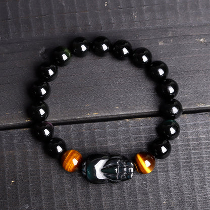 Natural Crystal Obsidian Pixiu Tiger Eye Bracelet - Ethnic Unisex Couple Spiritual Jewelry
