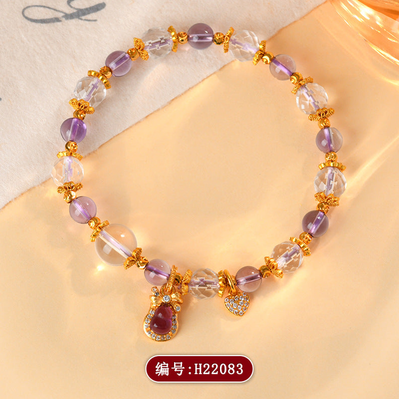 Golden Sand Gourd Amethyst Crystal Bracelet | Spiritual Harmony & Wealth Charm