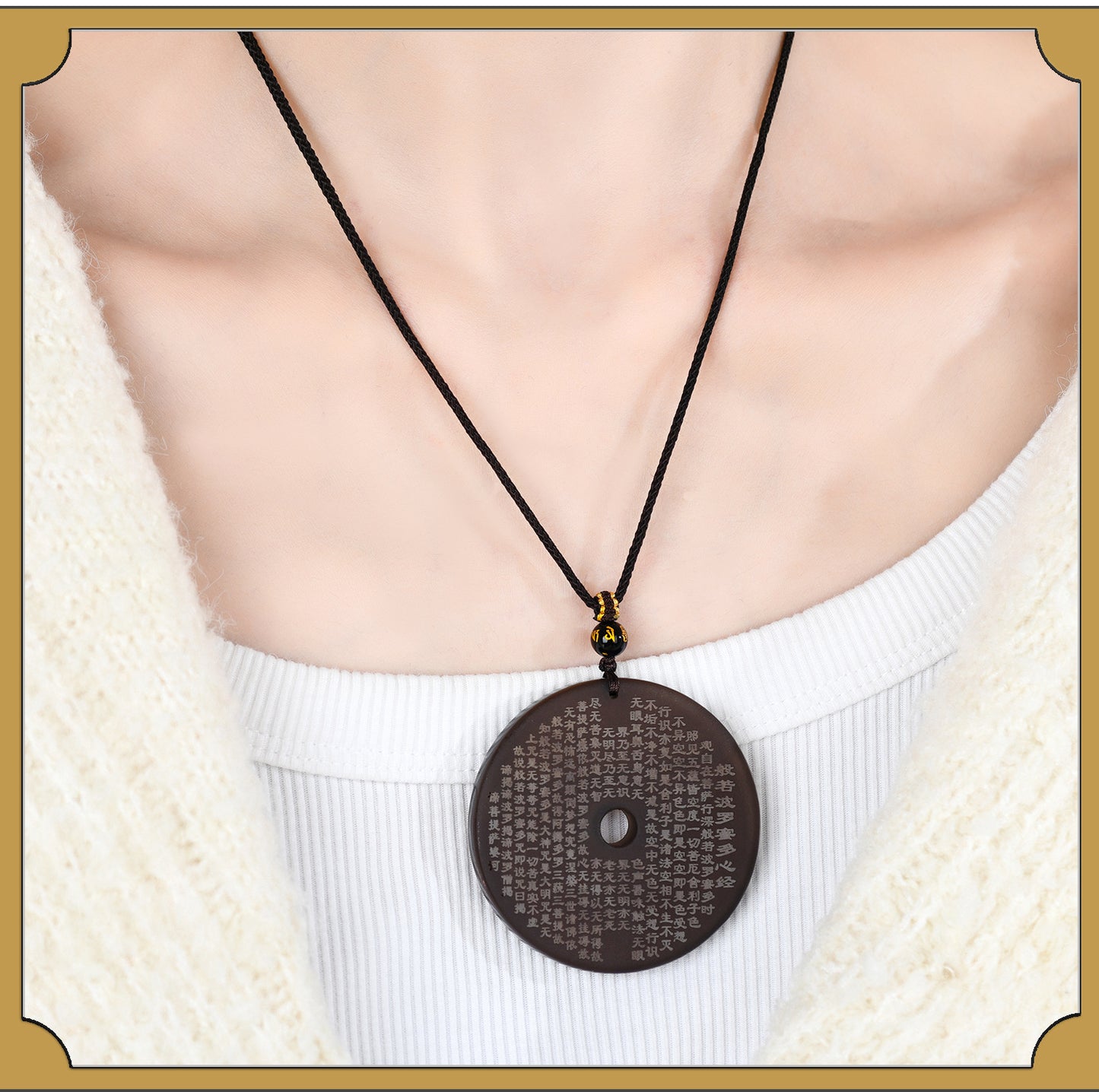 Natural Ice Obsidian Prajna Heart Sutra Peace Pendant Necklace – Spiritual Harmony & Protection