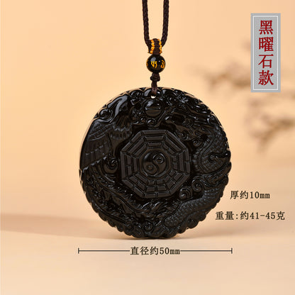 Natural Obsidian Dragon Phoenix Tai Chi Bagua Round Pendant Necklace - Harmony & Protection Amulet