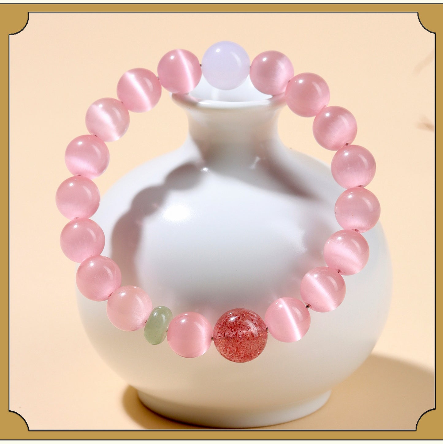 Pink Cat's Eye Strawberry Crystal Bracelet | Love Charm & Fashion Energy for Women