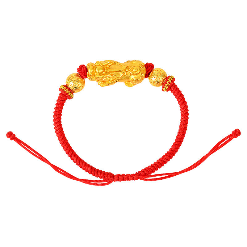 Golden Pixiu Copper Coin Bead Vajra Knot Bracelet - Wealth and Protection Charm