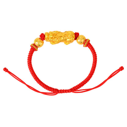 Golden Pixiu Copper Coin Bead Vajra Knot Bracelet - Wealth and Protection Charm