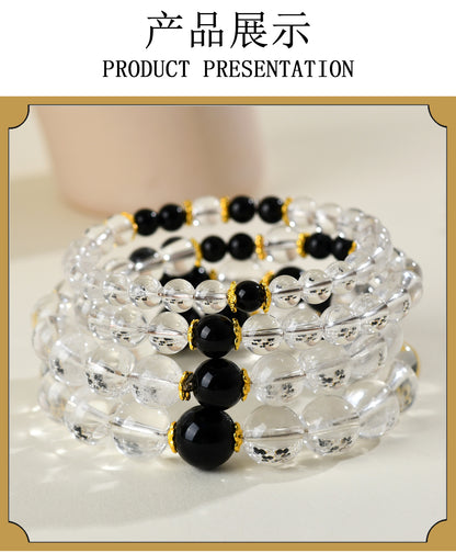 Natural Crystal Energy Bracelet with White Crystal, Obsidian, Strawberry Quartz, and Aquamarine | Spiritual Harmony & Protection