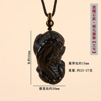 Natural Obsidian Pixiu Pendant Necklace | Chinese Style Unisex Wealth Talisman