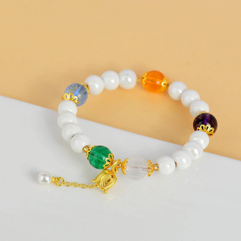 Five Elements Crystal Bracelet with White Porcelain Beads - Wealth, Wisdom & Healing Energy