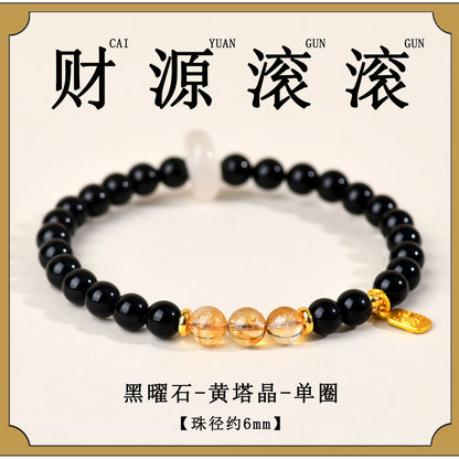 Natural Crystal Obsidian Multi-Gem Bracelet | Chinese Style Buddhist Bead for Women