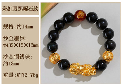 Natural Obsidian Gold Pixiu Zodiac Buddha Bracelet for Wealth Protection and Spiritual Harmony