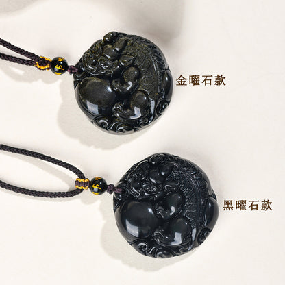 Natural Gold Obsidian Pixiu Pendant - Lucky Charm Necklace for Wealth and Protection