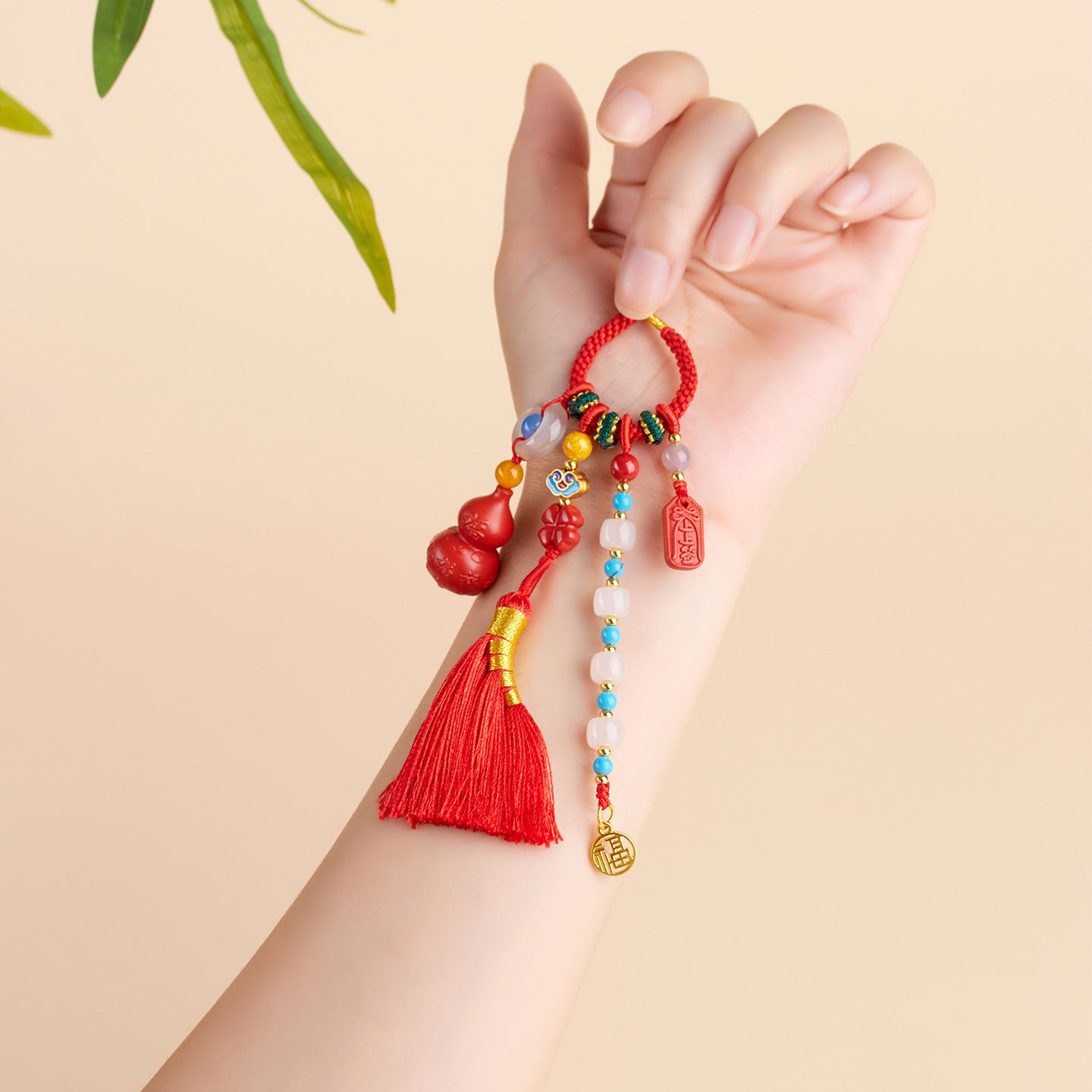 Imperial Red Cinnabar Gourd Broom Tassel Keychain - Fortune & Protection Amulet