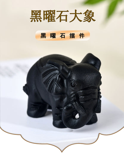 Natural Obsidian Carved Elephant Ornament - Office & Home Lucky Charm Display
