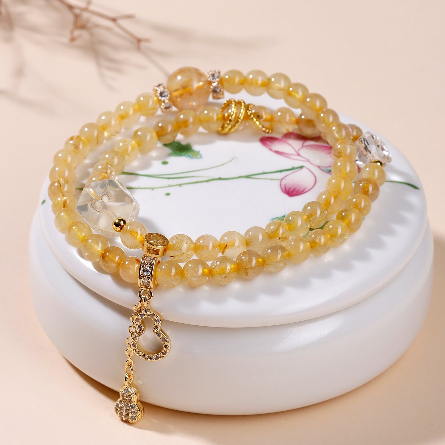Golden Rutilated Quartz Double Circle Bracelet | Spiritual Women's Buddhist Bead for Wealth and Harmony