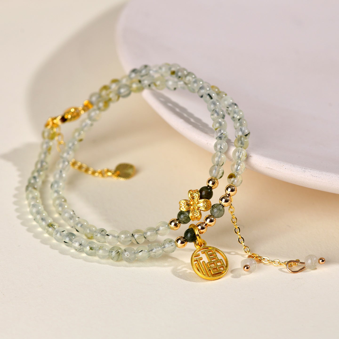 Natural Green Rutilated Quartz Fortune Bracelet | Double Circle Tassel Design for Women