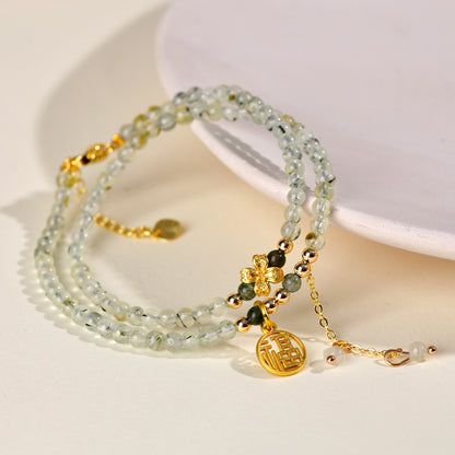 Natural Green Rutilated Quartz Fortune Bracelet | Double Circle Tassel Design for Women
