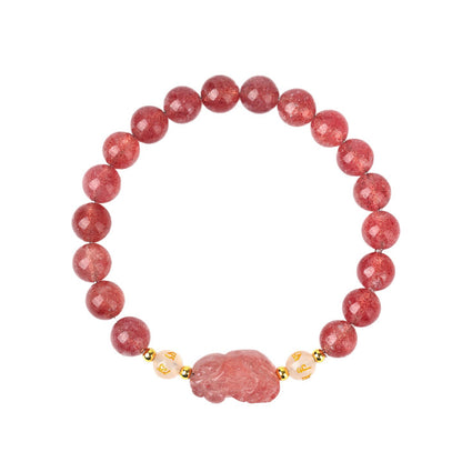 Natural Strawberry Quartz Obsidian Couple Pixiu Bracelet - Wealth and Love Talisman