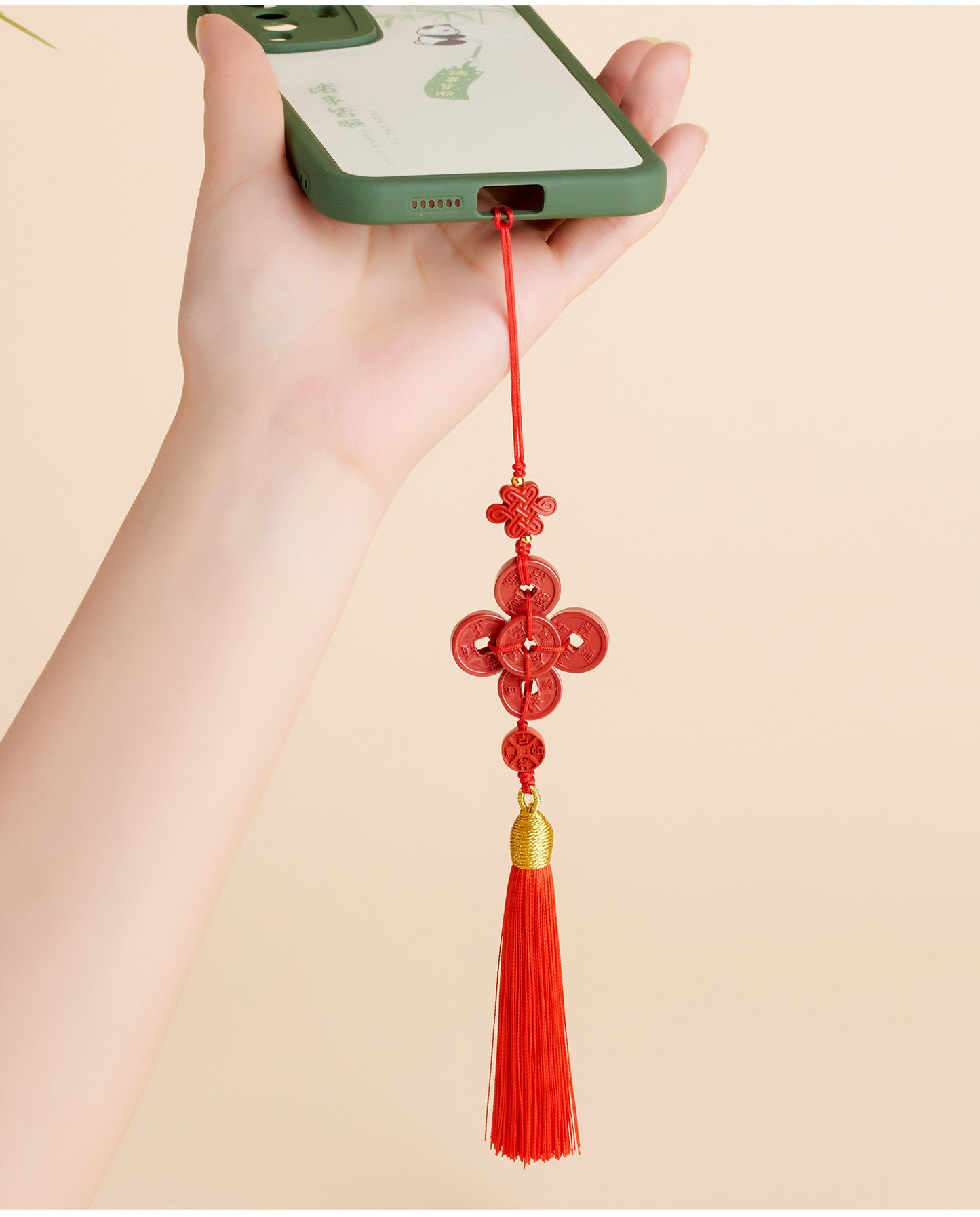 Natural Imperial Red Cinnabar Five Emperors Coin Tassel Pendant - Feng Shui Protection & Wealth Amulet