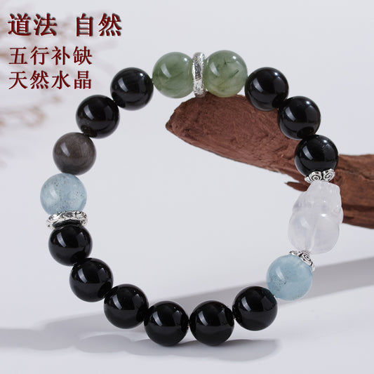 Natural Crystal Five Elements Bracelet with Lucky Pixiu - Unisex Couple Style for Balance and Wealth