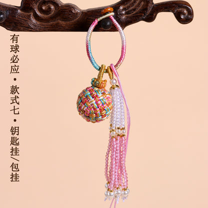 Handwoven Crystal Ball Keychain | Lucky Charm Bag Hanger with Beaded Tassel