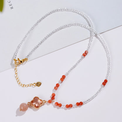 Natural White Crystal Agate Orange Moonstone Four-Leaf Clover Collarbone Necklace - Lucky Charm for Women