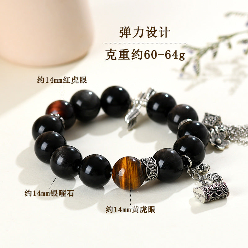 Natural Silver Obsidian Tiger Eye Bracelet - Vintage Unisex Protection Stone Jewelry