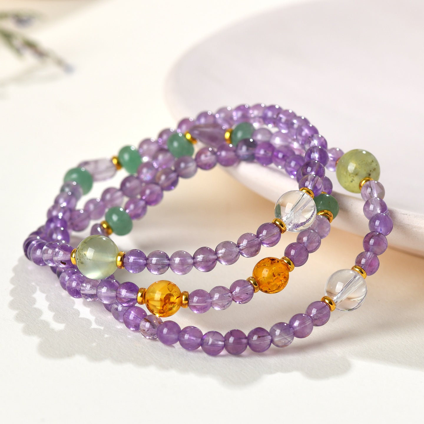 Natural Purple Prehnite Three-Circle Bracelet | Chinese Style Spiritual Energy Jewelry