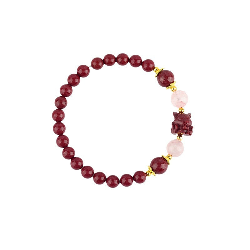 Natural High Content Cinnabar Nine-Tailed Fox Pink Crystal Bracelet - Chinese Artistic Retro Amulet