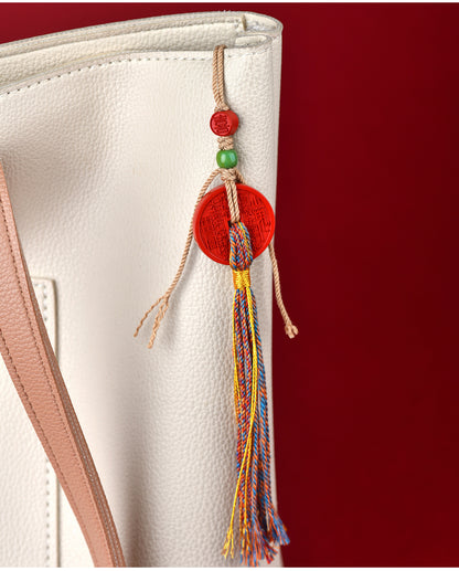 Natural Cinnabar Mountain Ghost Flower Pendant with Tibetan Woven Tassel - Spiritual Protection Bag Charm