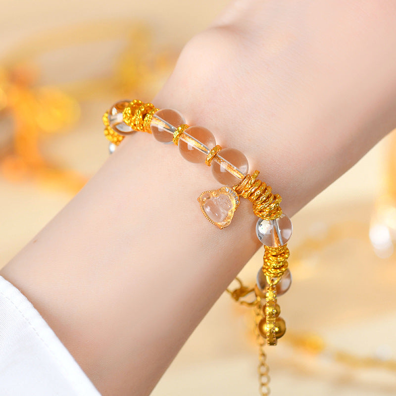 Golden Coiled White Crystal Bracelet with White Agate Peace Buckle - New Chinese Style Spiritual Jewelry