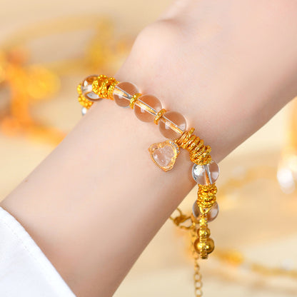 Golden Coiled White Crystal Bracelet with White Agate Peace Buckle - New Chinese Style Spiritual Jewelry