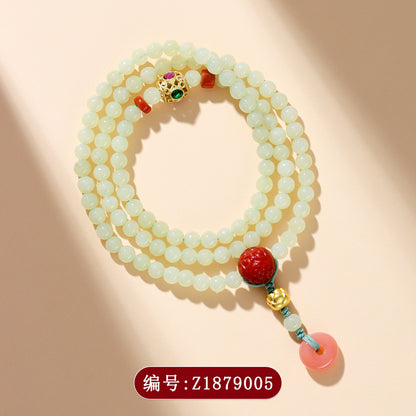 Natural Hetian Jade & Southern Red Agate Three-Circle Bracelet | Peace and Prosperity Buddhist Beads for Women