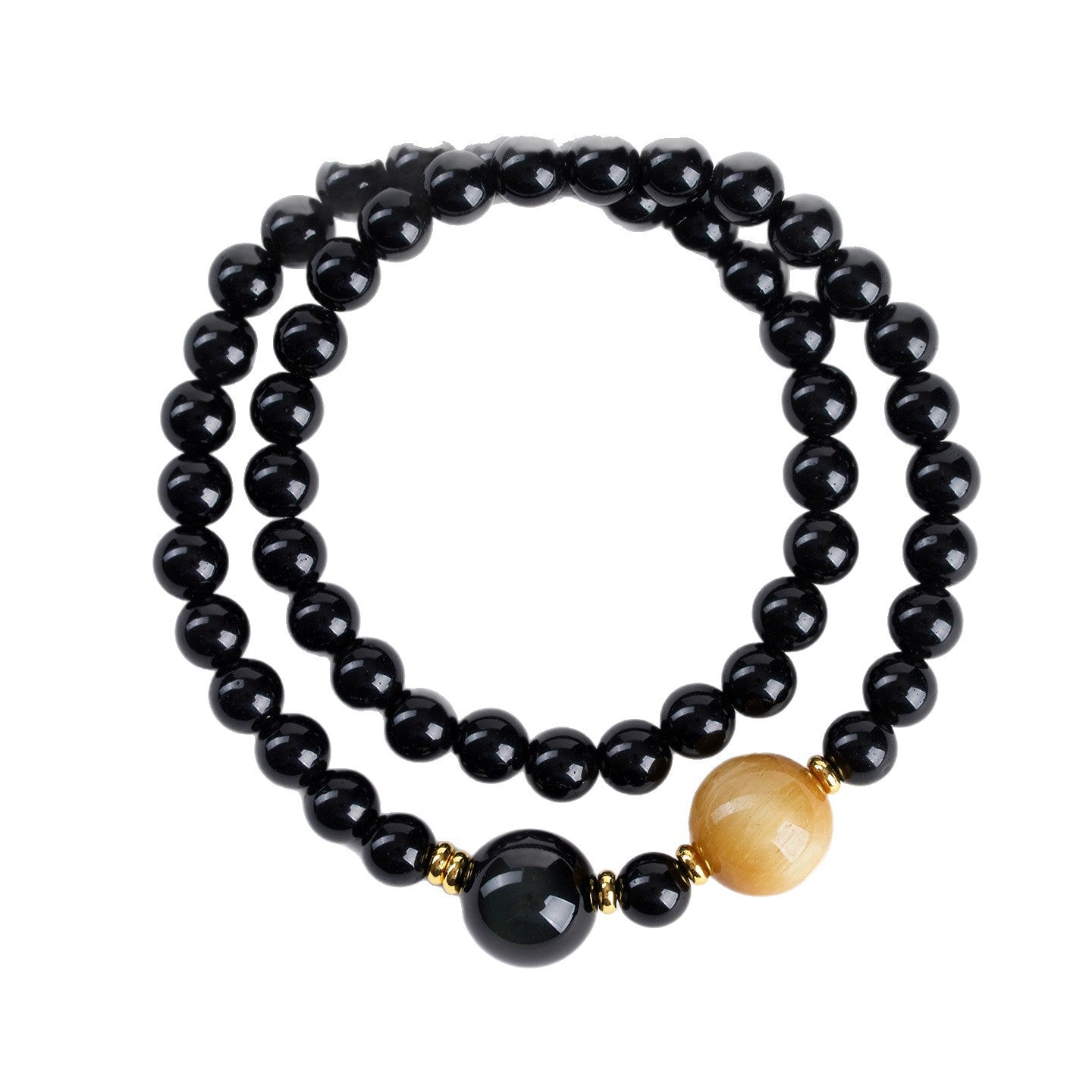 Natural Obsidian Gold Tiger Eye Double Circle Buddhist Bead Bracelet | Protection Wealth Spiritual Amulet