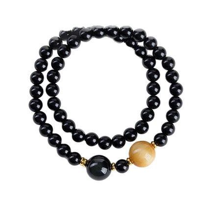 Natural Obsidian Gold Tiger Eye Double Circle Buddhist Bead Bracelet | Protection Wealth Spiritual Amulet