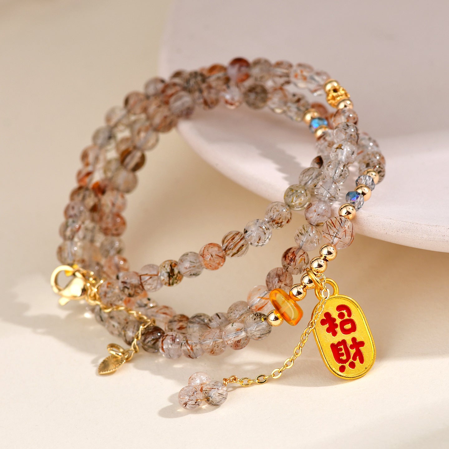 Natural Crystal Black Gold Three-Circle Bracelet & Necklace | Spiritual Protection & Elegance