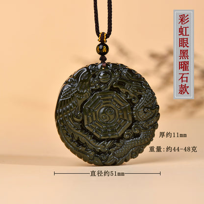 Natural Obsidian Dragon Phoenix Tai Chi Bagua Round Pendant Necklace - Harmony & Protection Amulet