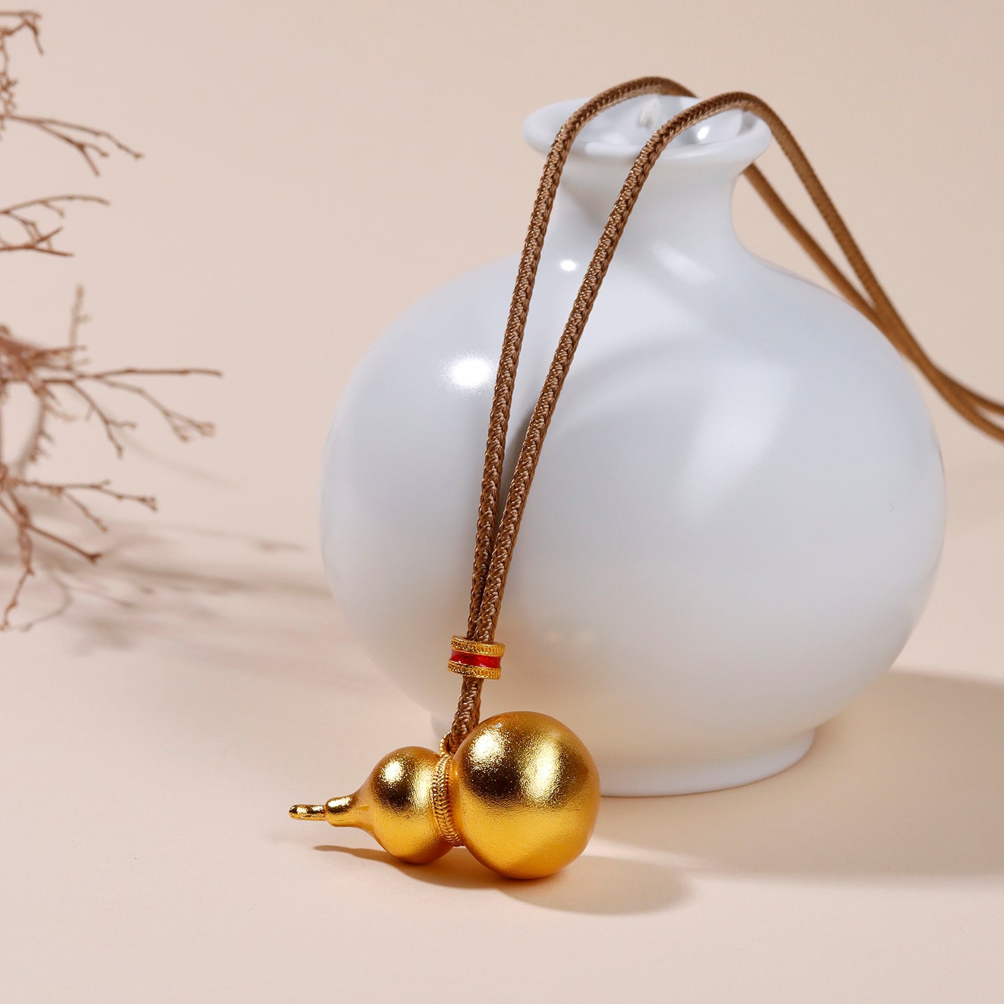 Golden Gourd Fortune Pendant Necklace | Chinese Style Ancient Craft Amulet for Wealth