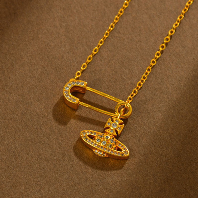 Golden Saturn Pin Necklace | 3D Planet Design Fashion Clavicle Chain