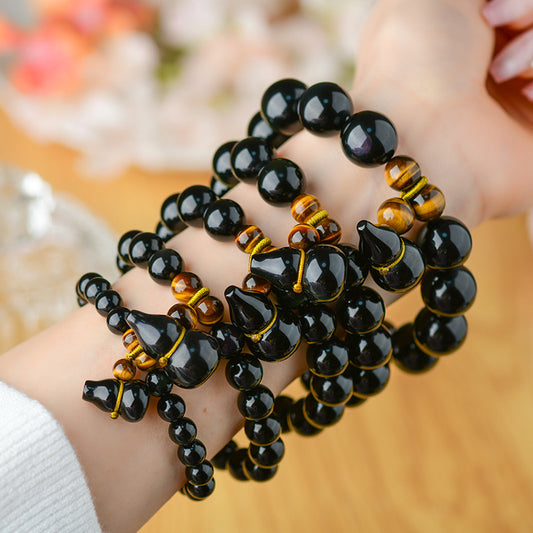 Natural Double Color Eye Obsidian Gourd Bracelet - Buddha Beads for Spiritual Protection & Fortune