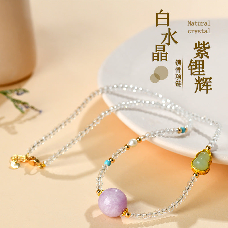 Natural White Crystal Purple Kyanite Gourd Necklace | Adjustable Collarbone Chain for Women