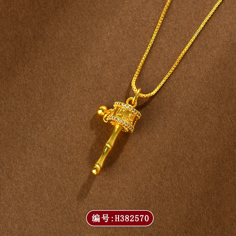 Golden Tibetan Prayer Wheel Rotatable Pendant Necklace for Spiritual Blessings