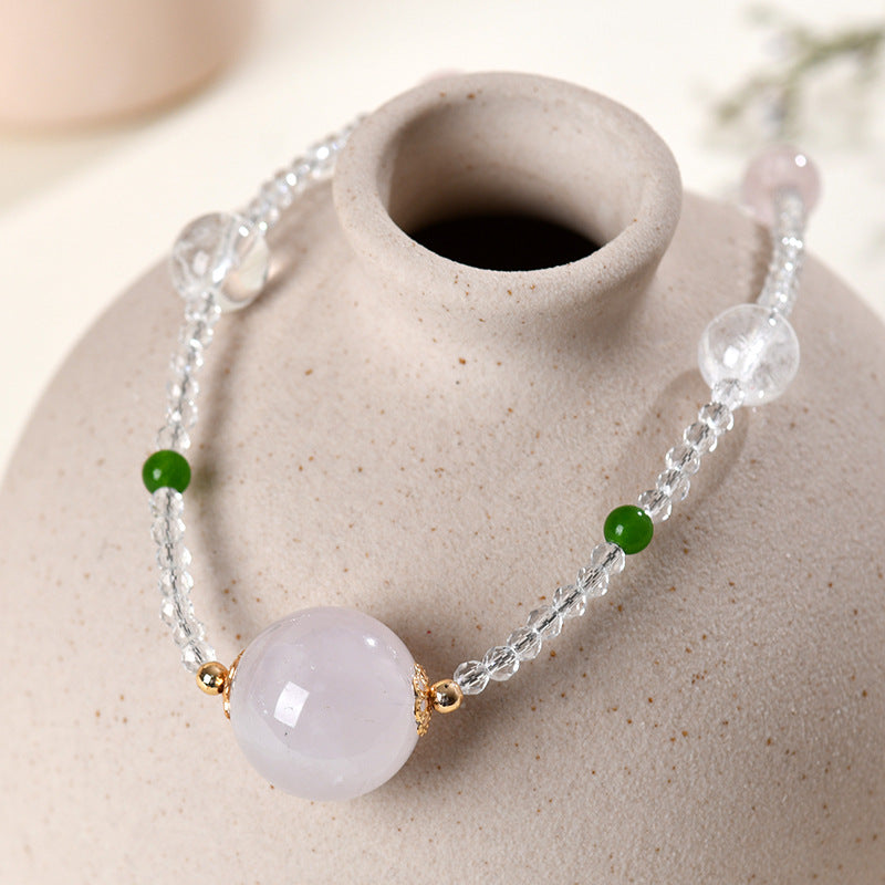 Natural White & Pink Crystal Round Bead Pendant Necklace | Spiritual Elegance & Protection