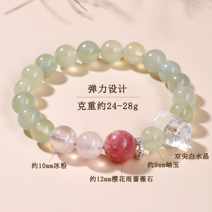 Natural Xiuyan Jade Bracelet with Ice Pink Crystal and Cherry Blossom Motifs