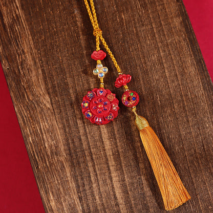 Natural High-Content Cinnabar Eight Treasures Lotus Pendant Keychain - Mystical Protection Charm