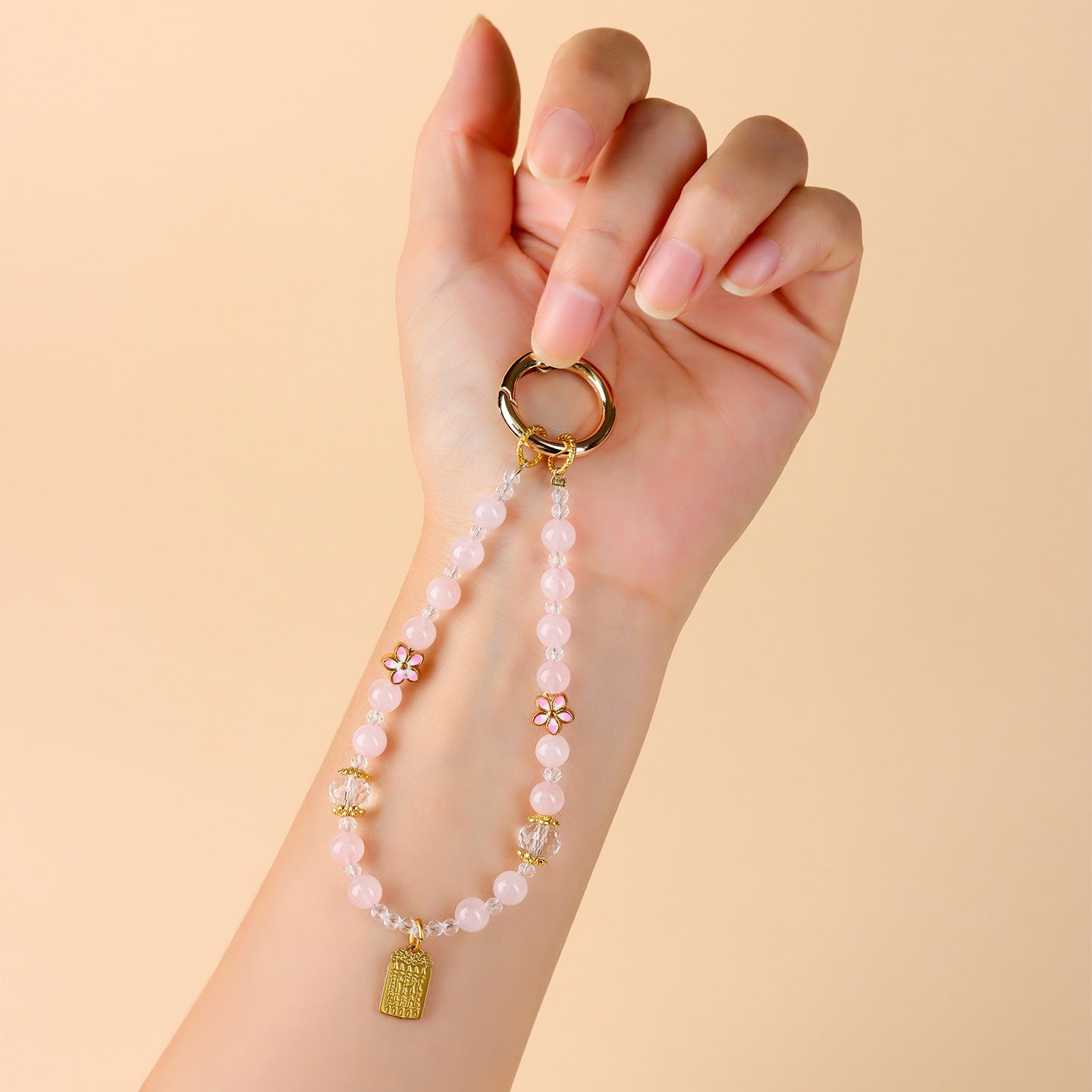 Natural Pink Quartz Peach Blossom Keychain - Love Charm & Fortune Pendant