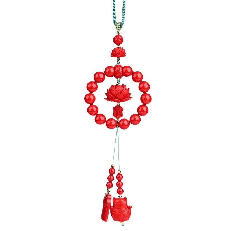 Natural Imperial Red Cinnabar Peace Lotus Car Hanging Ornament - Feng Shui Protection Charm