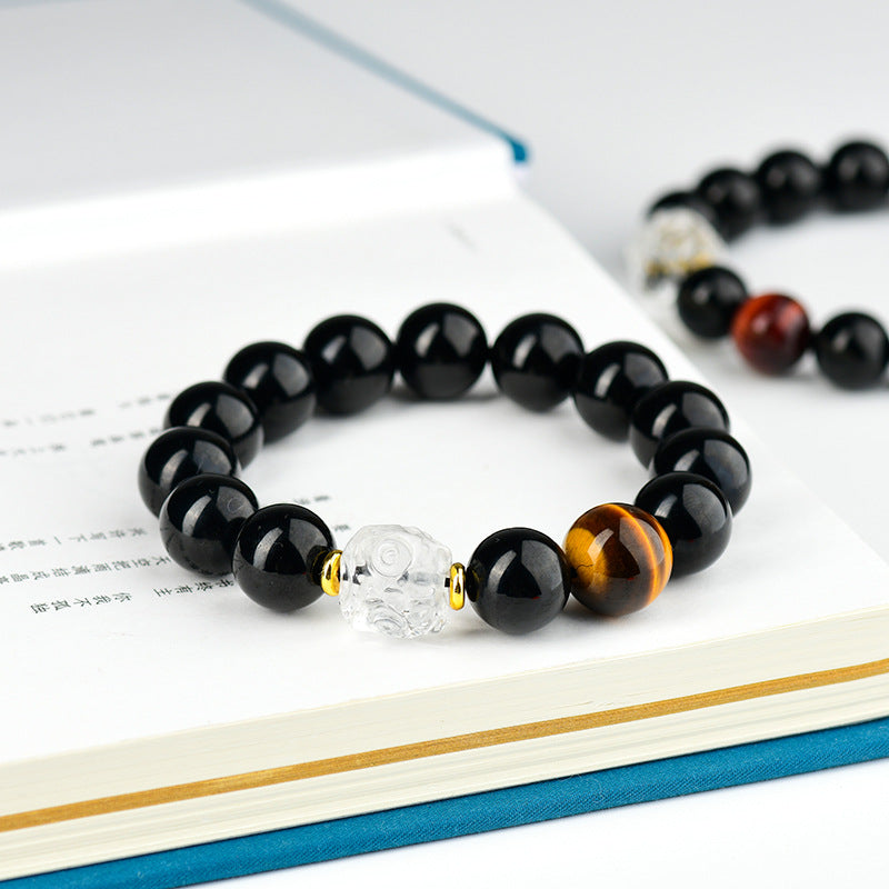 Natural Obsidian Bracelet with White Crystal Lion Awakening - Unisex Spiritual Protection Beaded Jewelry
