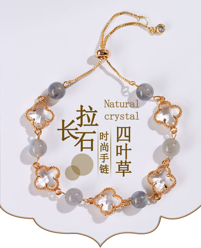 Natural Labradorite Four-Leaf Clover Bracelet | Lucky Charm & Spiritual Protection for Women