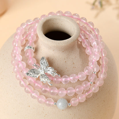 Natural Pink Quartz Aquamarine Butterfly Three-Circle Love Bracelet for Women