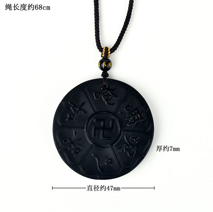 Natural Obsidian Six-Word Mantra Pendant with Swastika - Lucky Protection Amulet Necklace